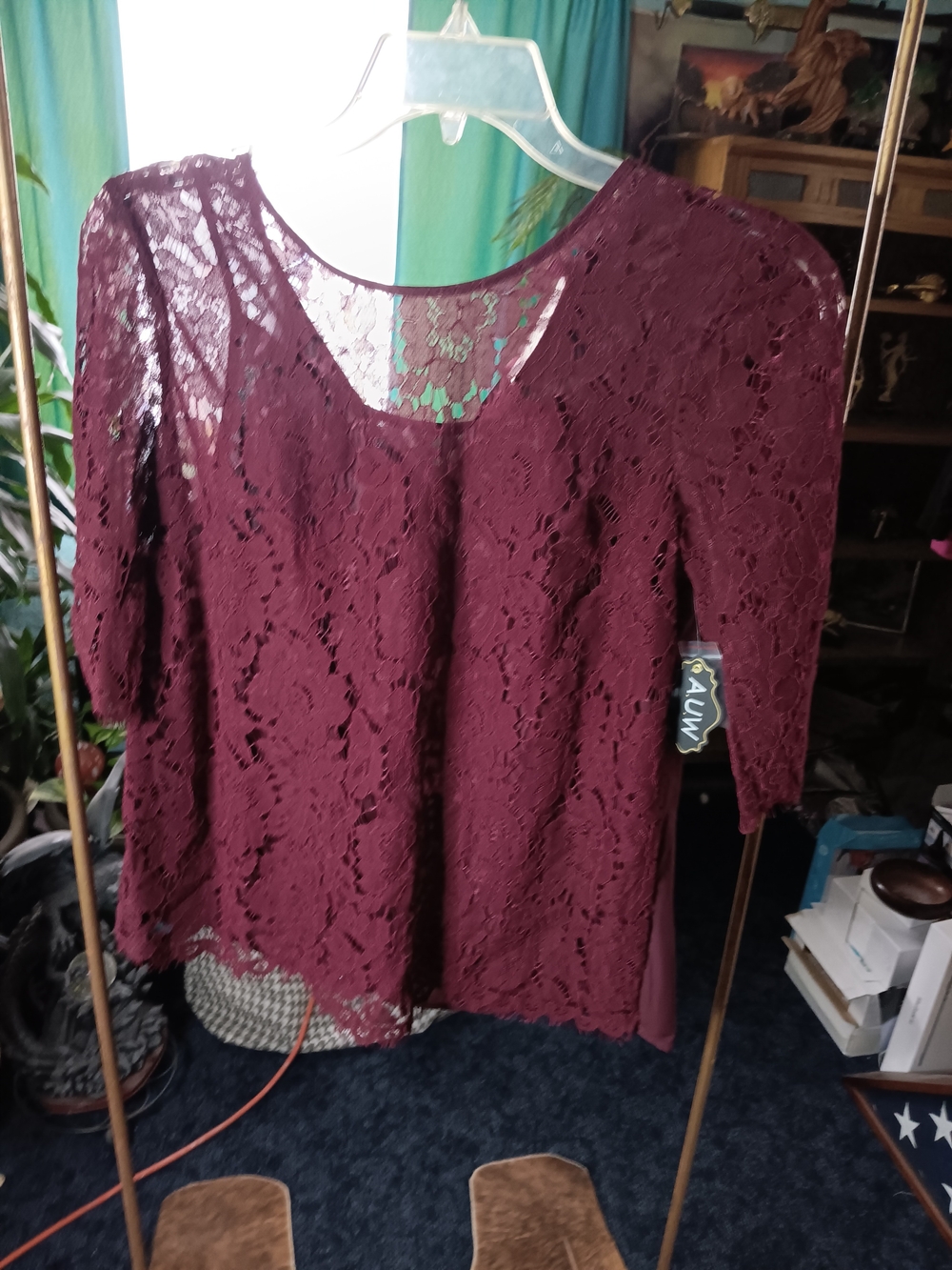 AUW Women's Burgundy Floral Lace Scoop Neck Blouse